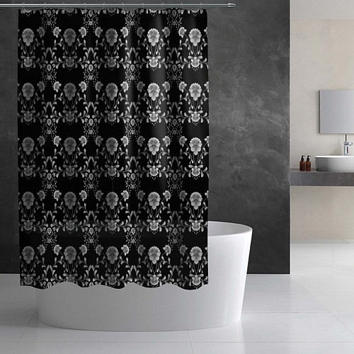 Шторка для ванной Черно-белый цветочный полосатый ретро узор / 3D-принт – фото 2