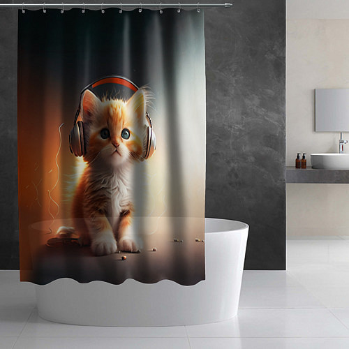 Шторка для ванной Милый рыжий котёнок в наушниках / 3D-принт – фото 2