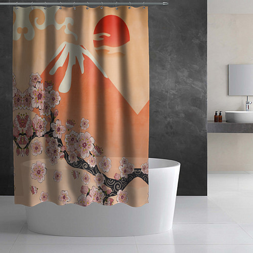 Шторка для ванной Ветка цветущей сакуры и вулкан / 3D-принт – фото 2