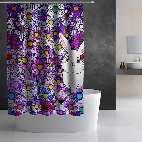 Шторка для ванной Веселый кролик в фиолетовых ромашках / 3D-принт – фото 2