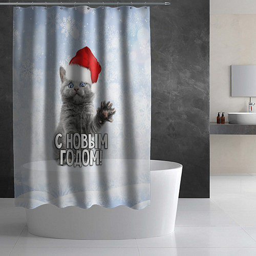 Шторка для ванной С Новым годом - котик / 3D-принт – фото 2