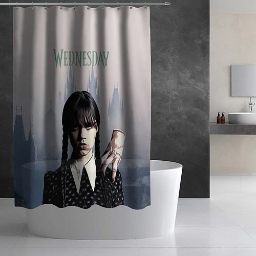 Шторка для ванной Уэнсдей Аддамс и рука на фоне замка / 3D-принт – фото 2