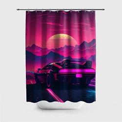 Шторка для душа Синтвейв закат с автомобилем, цвет: 3D-принт
