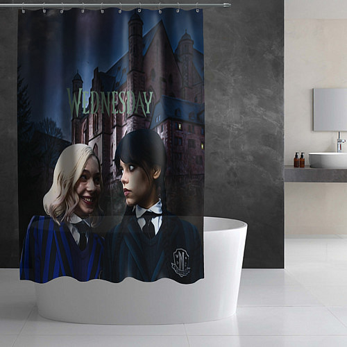 Шторка для ванной Уэнсдей Аддамс, Энид Синклер на фоне замка / 3D-принт – фото 2