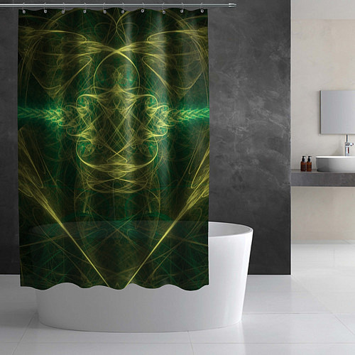 Шторка для ванной Зелёно-жёлтый волнообразные линии во тьме / 3D-принт – фото 2