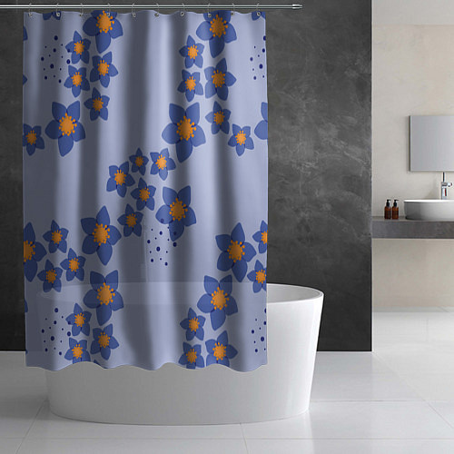 Шторка для ванной Узор из синих цветов на сиреневом фоне / 3D-принт – фото 2
