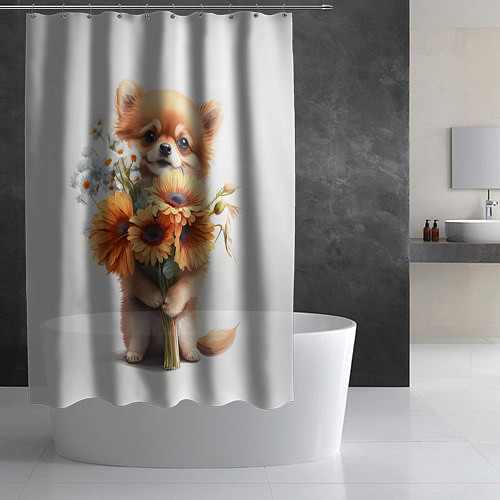 Шторка для ванной Милый щенок с подсолнухами и ромашками / 3D-принт – фото 2