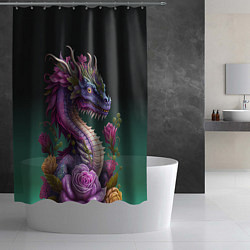 Шторка для душа Неоновый дракон с цветами, цвет: 3D-принт — фото 2