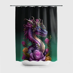 Шторка для душа Неоновый дракон с цветами, цвет: 3D-принт