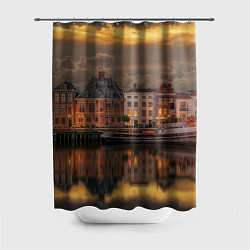 Шторка для душа Мирный город на воде и тучи, цвет: 3D-принт