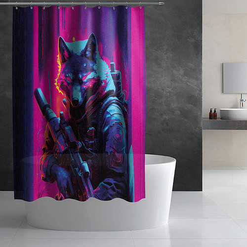 Шторка для ванной Неоновый волк солдат спецназа / 3D-принт – фото 2