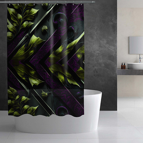 Шторка для ванной Зеленые листья и фиолетовые вставки / 3D-принт – фото 2