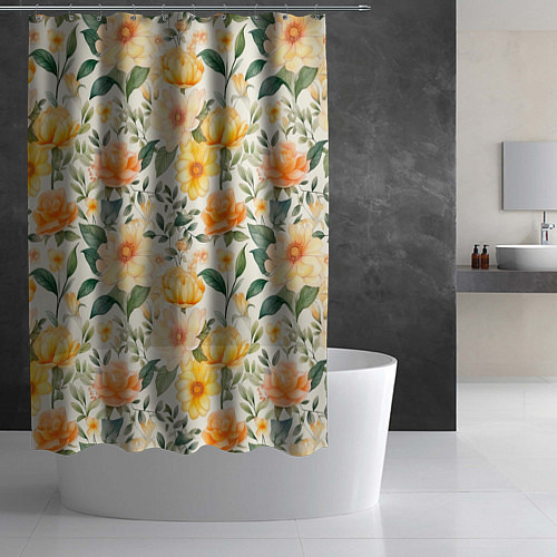 Шторка для ванной Желтые и розовые хризантемы и пионы на светлом фон / 3D-принт – фото 2
