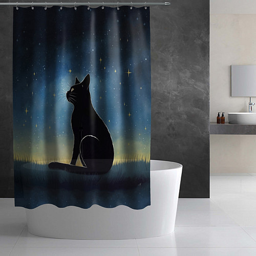 Шторка для ванной Черный кот и звезды - акварель / 3D-принт – фото 2