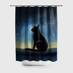 Шторка для душа Черный кот и звезды - акварель, цвет: 3D-принт