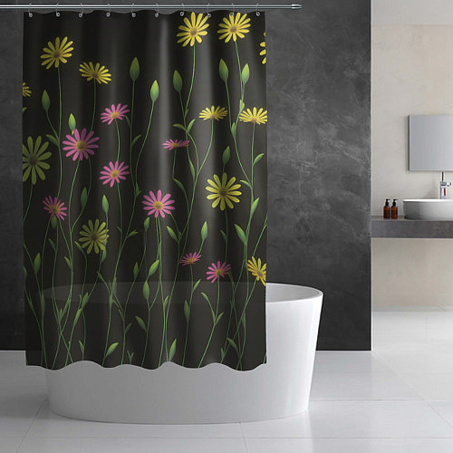 Шторка для ванной Полевые цветочки на темном фоне / 3D-принт – фото 2