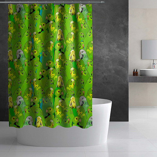 Шторка для ванной Зеленые волнистые попугайчики / 3D-принт – фото 2