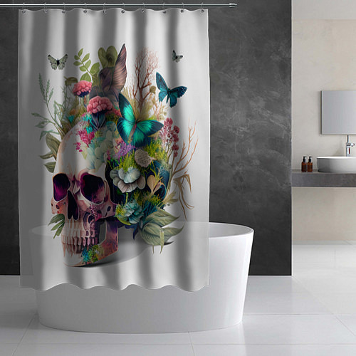 Шторка для ванной Красивый череп с листьями и бабочками / 3D-принт – фото 2