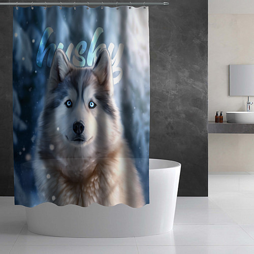 Шторка для ванной Хаски с голубыми глазами в зимнем лесу / 3D-принт – фото 2