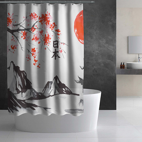Шторка для ванной Цветущая сакура и солнце - Япония / 3D-принт – фото 2