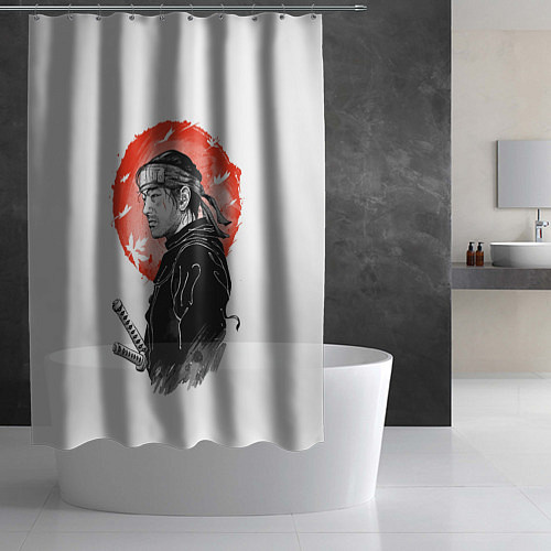 Шторка для ванной Самурай на фоне красного солнца / 3D-принт – фото 2