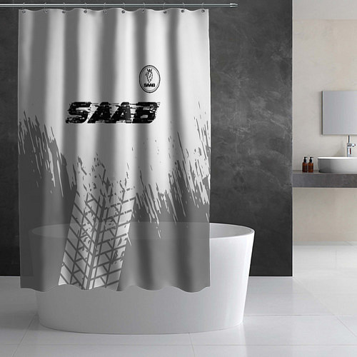 Шторка для ванной Saab speed на светлом фоне со следами шин: символ / 3D-принт – фото 2