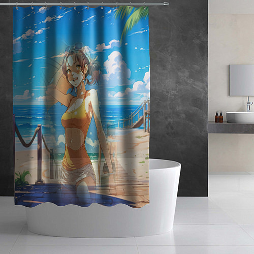 Шторка для ванной Девушка на пляже аниме / 3D-принт – фото 2