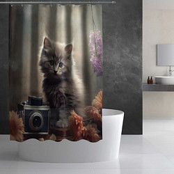 Шторка для душа Серый котенок, винтажное фото, цвет: 3D-принт — фото 2