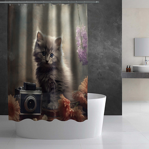 Шторка для ванной Серый котенок, винтажное фото / 3D-принт – фото 2
