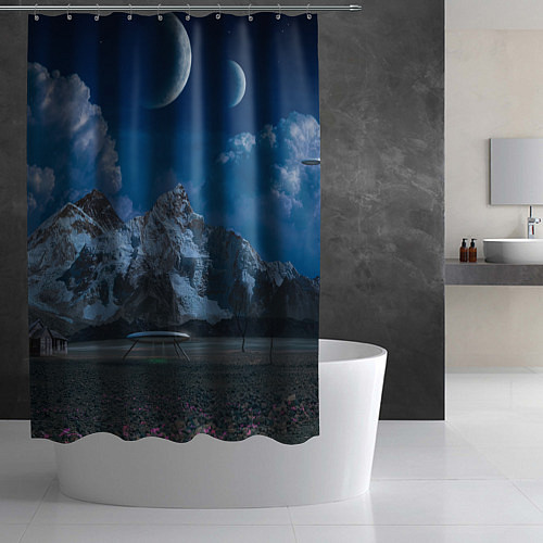 Шторка для ванной Ночные горы в природе и небо с нло / 3D-принт – фото 2
