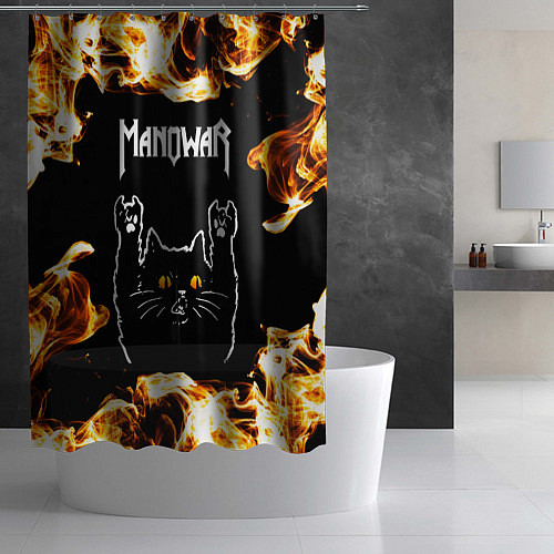 Шторка для ванной Manowar рок кот и огонь / 3D-принт – фото 2