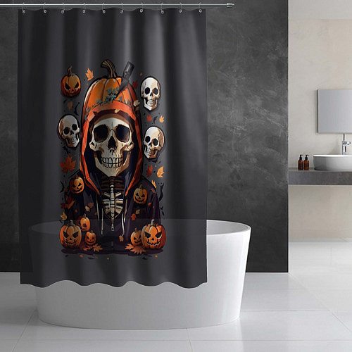 Шторка для ванной Хэллоуин скелет с тыквами / 3D-принт – фото 2