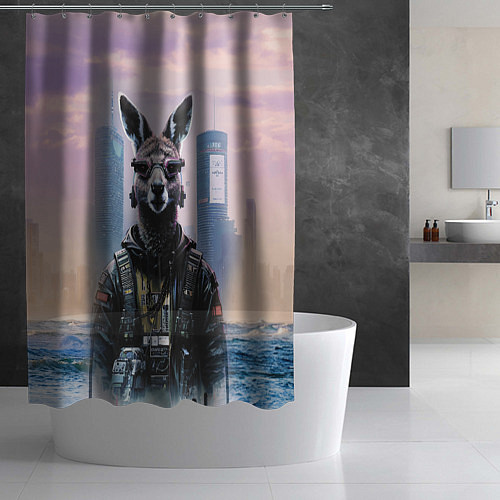 Шторка для ванной Кенгуру в стиле киберпанк на фоне мегаполиса / 3D-принт – фото 2