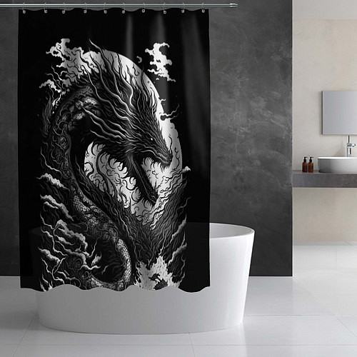 Шторка для ванной Черно-белый дракон и волны / 3D-принт – фото 2