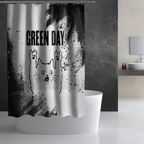 Шторка для ванной Green Day рок кот на светлом фоне / 3D-принт – фото 2