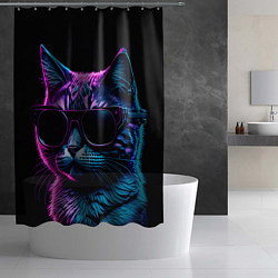 Шторка для душа Неоновый котик в очках, цвет: 3D-принт — фото 2