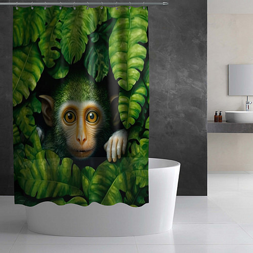 Шторка для ванной Маленькая обезьянка в листьях / 3D-принт – фото 2