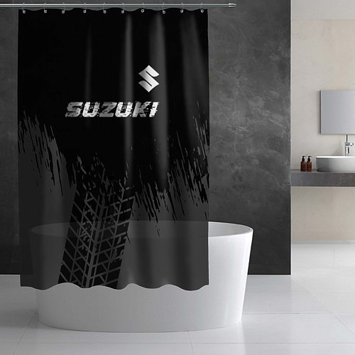 Шторка для ванной Suzuki speed на темном фоне со следами шин: символ / 3D-принт – фото 2