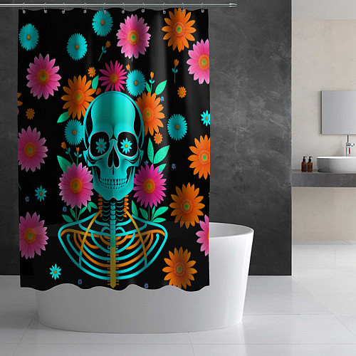 Шторка для ванной Неоновый скелет в цветах / 3D-принт – фото 2