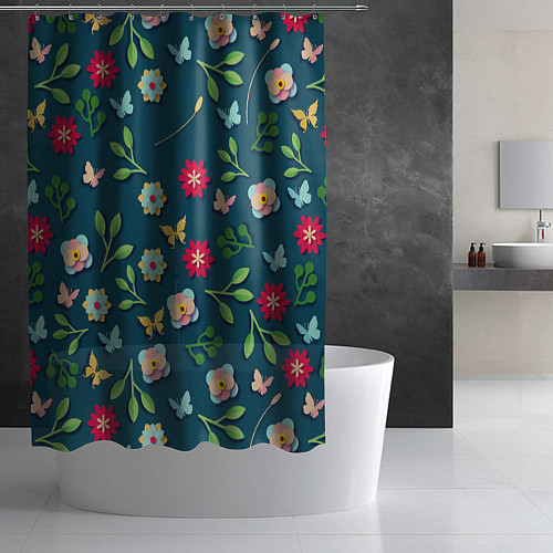 Шторка для ванной Цветы и разноцветные бабочки / 3D-принт – фото 2