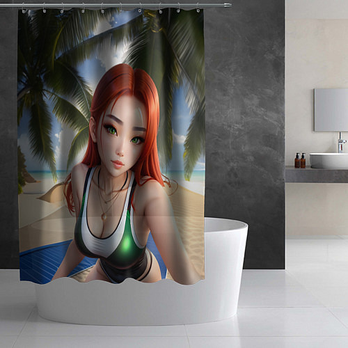 Шторка для ванной Девушка с рыжими волосами на пляже / 3D-принт – фото 2