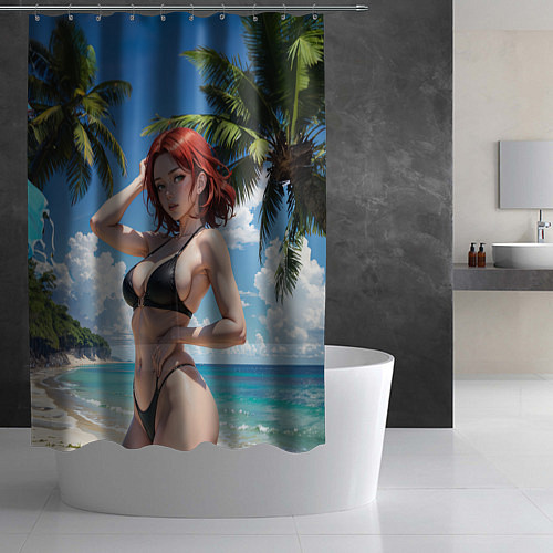 Шторка для ванной Девушка с рыжими волосами на пляже / 3D-принт – фото 2