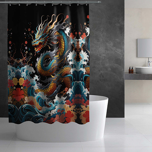 Шторка для ванной Дракон на волнах в японском стиле арт / 3D-принт – фото 2