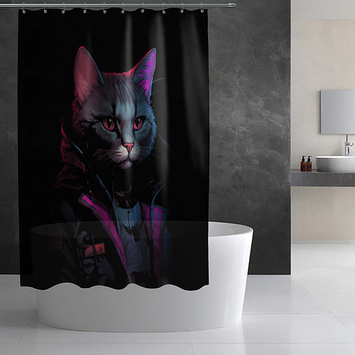 Шторка для ванной Кот в стиле киберпанк / 3D-принт – фото 2