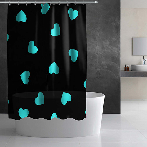 Шторка для ванной С голубыми сердечками на черном / 3D-принт – фото 2