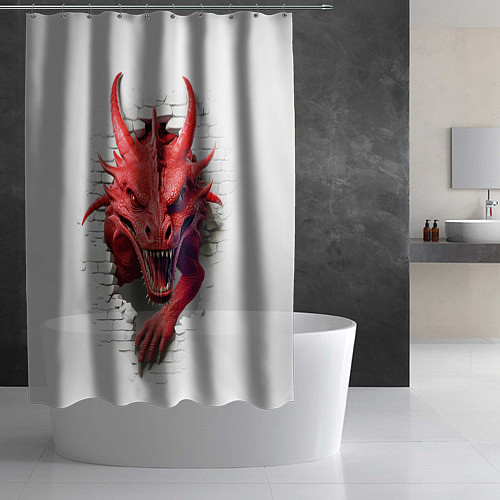 Шторка для ванной Красный дракон выглядывает из стены / 3D-принт – фото 2