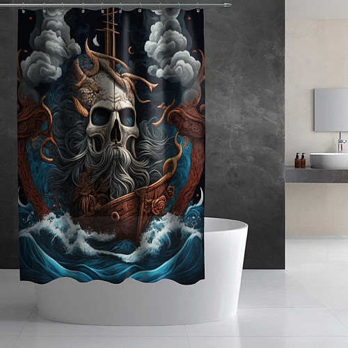 Шторка для ванной Тату ирезуми черепа пирата на корабле в шторм / 3D-принт – фото 2