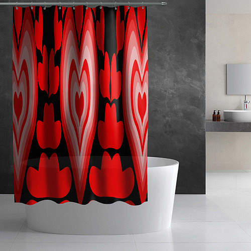 Шторка для ванной Сердечки с красными узорами / 3D-принт – фото 2