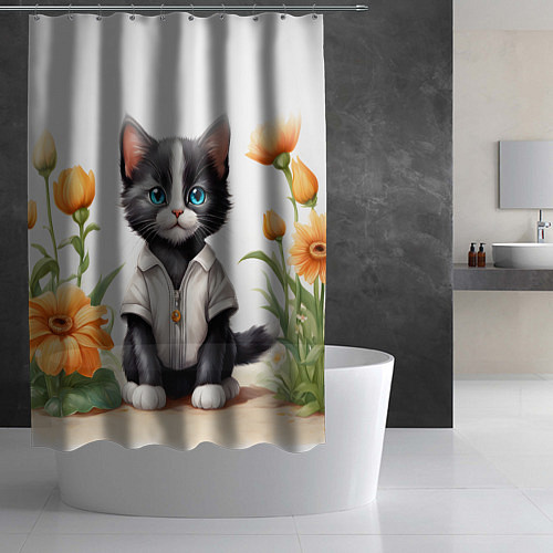 Шторка для ванной Котенок на цветочной поляне / 3D-принт – фото 2