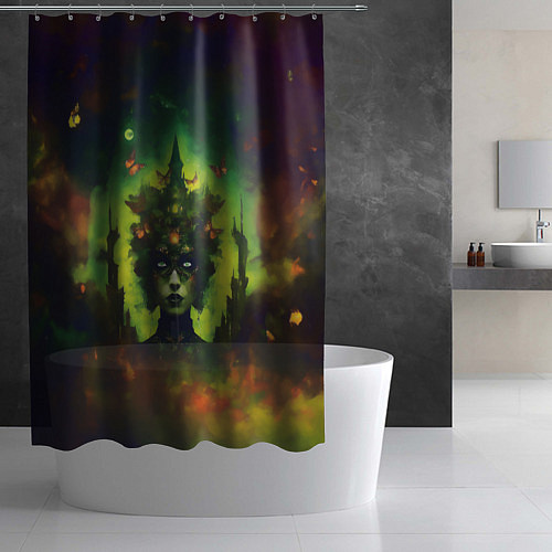 Шторка для ванной Зеленая фантастическая ведьма с бабочками / 3D-принт – фото 2